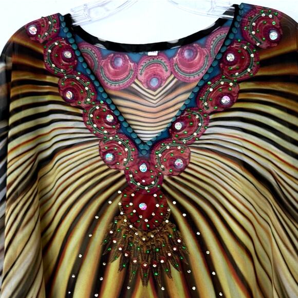 Y2k Embellished V-Neck Beaded Sheer Tunic Dress Colorful One Size - Picture 5 of 8